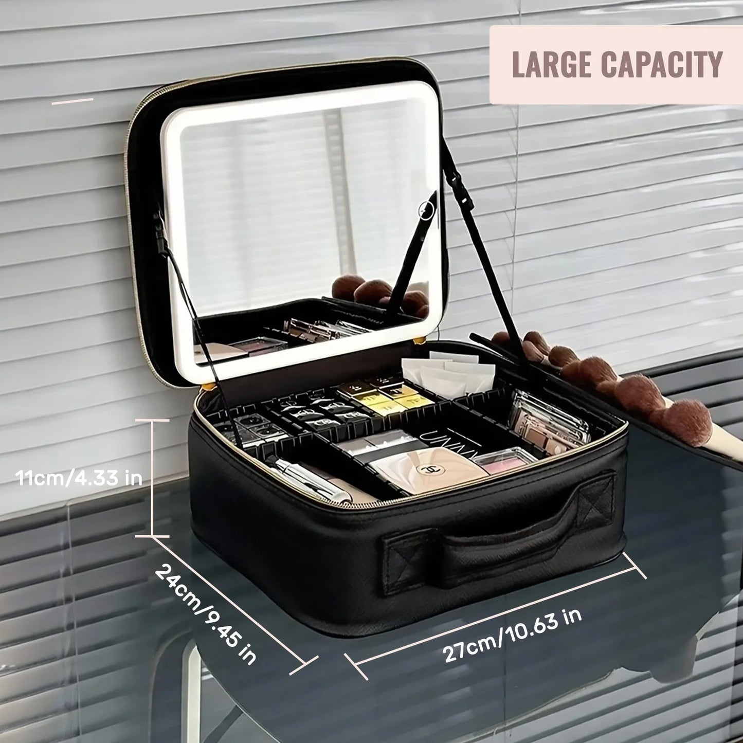 Travel Makeup Bag with Built-In LED Mirror – Portable, Rechargeable, and Stylish.