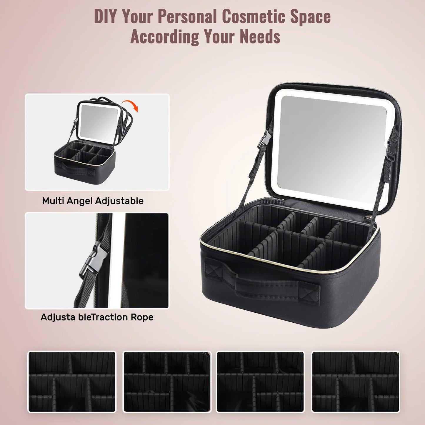 Travel Makeup Bag with Built-In LED Mirror – Portable, Rechargeable, and Stylish.