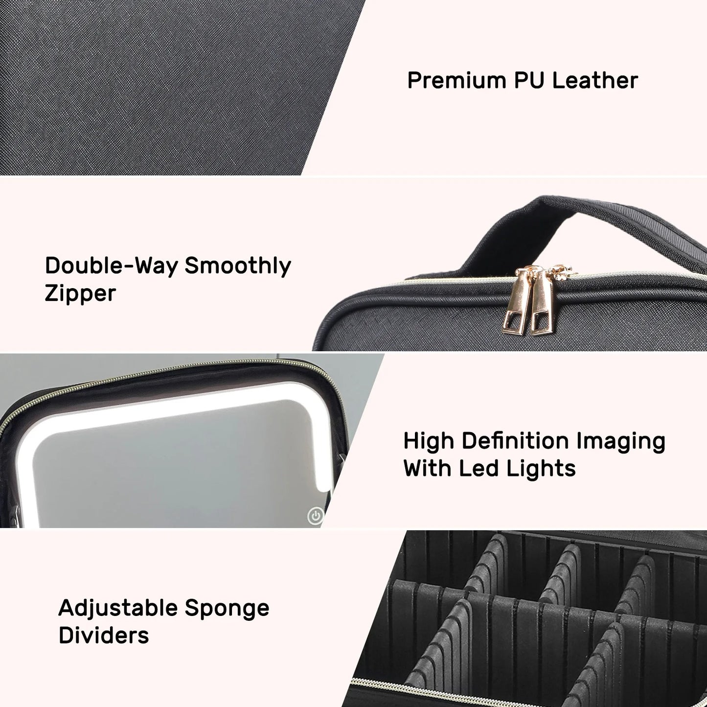 Travel Makeup Bag with Built-In LED Mirror – Portable, Rechargeable, and Stylish.