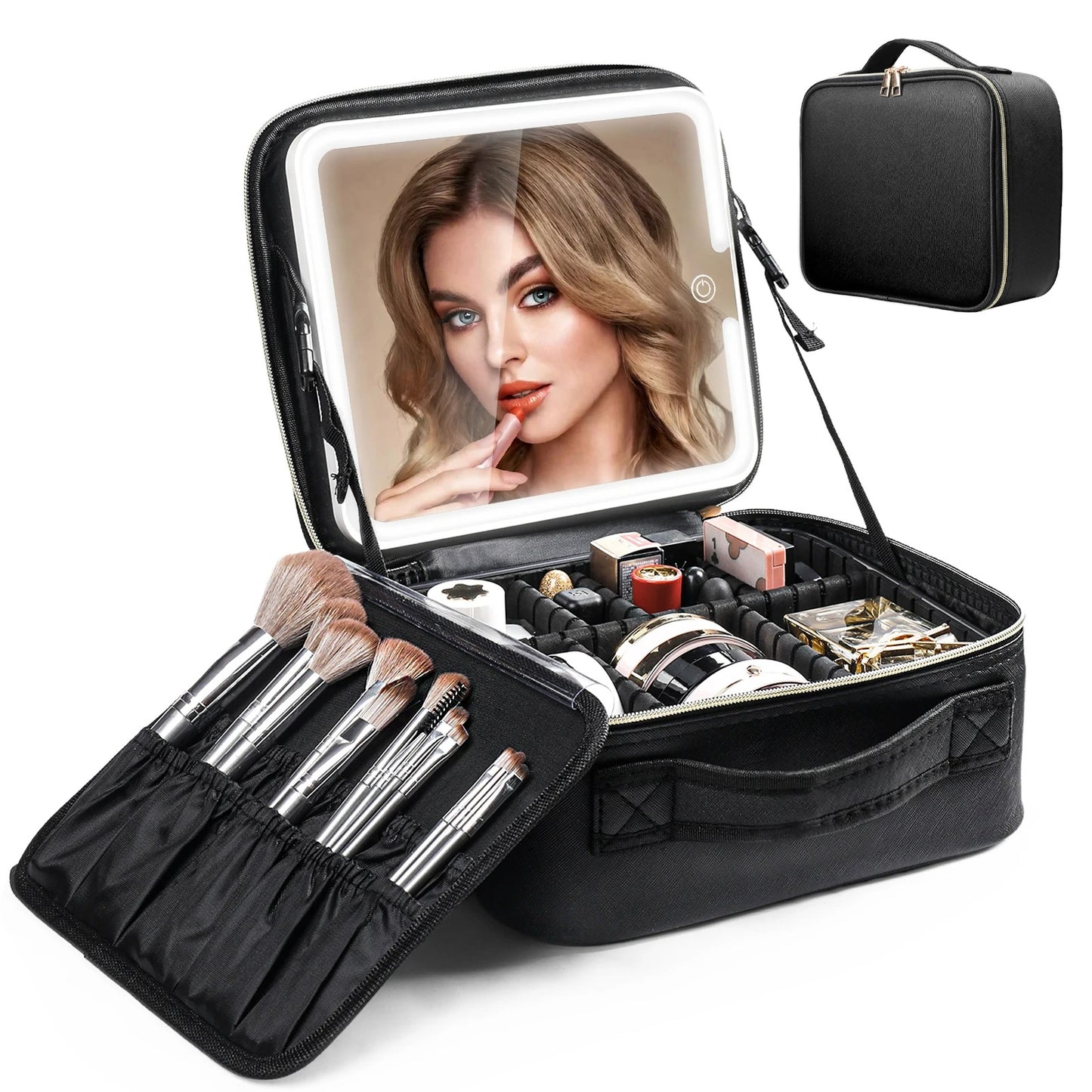 Travel Makeup Bag with Built-In LED Mirror – Portable, Rechargeable, and Stylish.