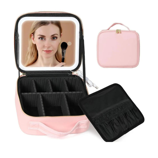Travel Makeup Bag with Built-In LED Mirror – Portable, Rechargeable, and Stylish.